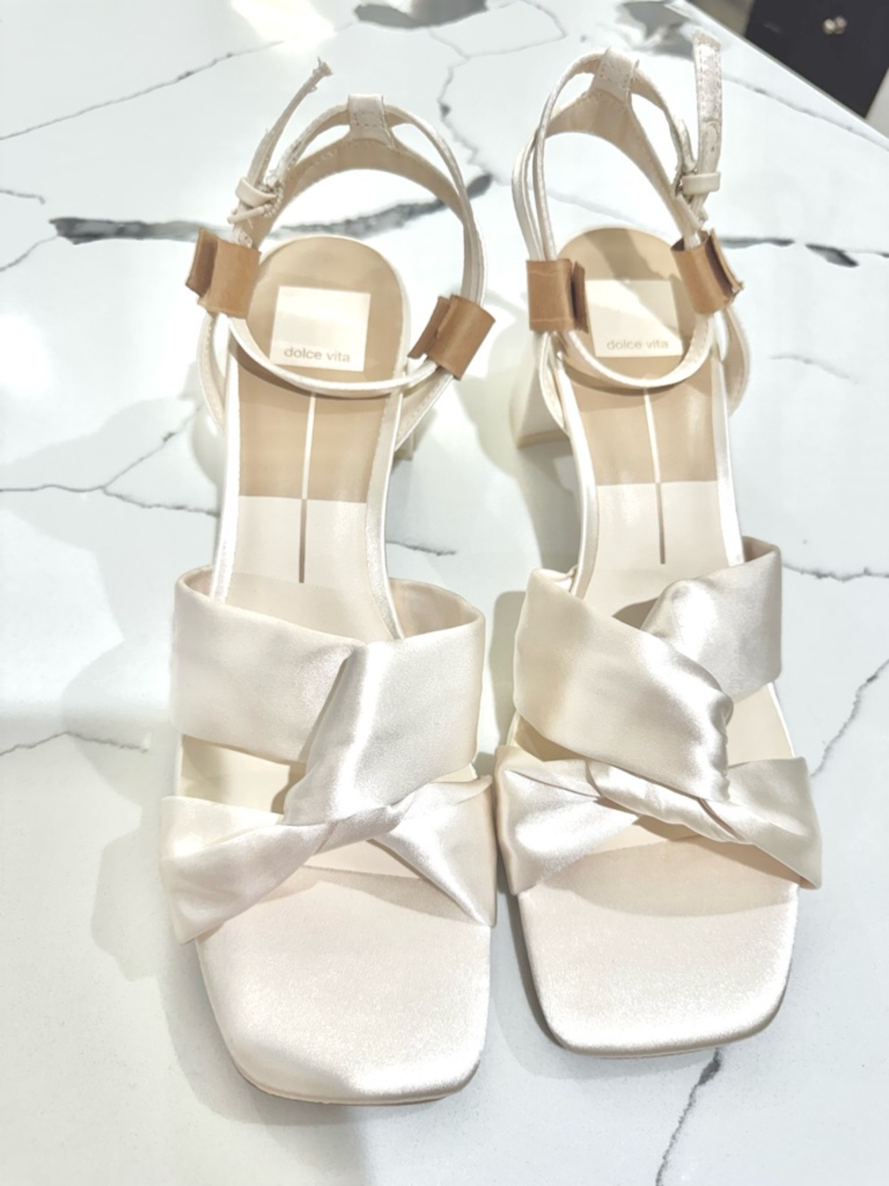 Dolce Vita Ivory Satin Knotted Block Heel Sandals